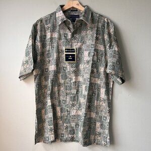 Weekender Casual Lifestyle Green & Beige Short‎ Sleeve Button-Up Shirt Size L